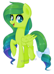 Size: 1024x1393 | Tagged: safe, artist:talentspark, oc, oc only, oc:talent spark, pegasus, pony, bow, female, green coat, mare, multicolored hair, multicolored mane, multicolored tail, signature, simple background, solo, tail bow, transparent background