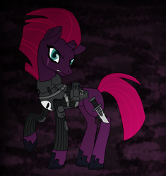 Size: 1273x1357 | Tagged: safe, artist:selkina2000, tempest shadow, unicorn, my little pony: the movie, broken horn, clothes, eye scar, female, gritted teeth, knife, looking at you, mare, marvel, punisher, raised hoof, raised leg, scar, solo