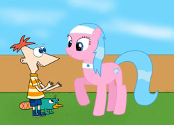 Size: 1053x758 | Tagged: safe, artist:04startycornonline88, aloe, pony, crossover, perry the platypus, phineas and ferb, phineas flynn, platypus