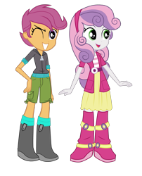 Size: 1311x1622 | Tagged: safe, artist:eduardonunes109, scootaloo, sweetie belle, equestria girls, boots, clothes, cute, diasweetes, duo, female, hoodie, one eye closed, open mouth, shoes, short pants, shorts, simple background, skirt, transparent background, wink