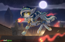 Size: 2061x1363 | Tagged: safe, artist:redchetgreen, oc, oc only, oc:wistful galaxy, bat pony, pony, archer, arrows, bat pony oc, building, clothes, commission, full moon, houses, moon, rooftop, scenery, stars, ych result