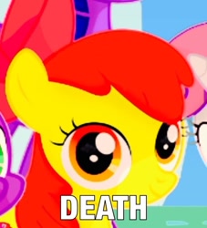 Size: 722x796 | Tagged: safe, apple bloom, close-up, contrast, death, extreme close up, meme, text, triggered