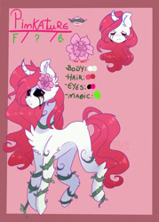 Size: 1738x2433 | Tagged: safe, artist:emily-826, oc, oc only, oc:pinkature, pony, unicorn, black sclera, curved horn, female, mare, reference sheet, solo