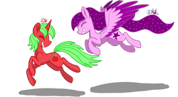 Size: 2000x1096 | Tagged: safe, artist:chelseawest, oc, oc only, oc:apple p. magic, oc:starry skies, pegasus, pony, unicorn, female, flying, mare, running, simple background, transparent background