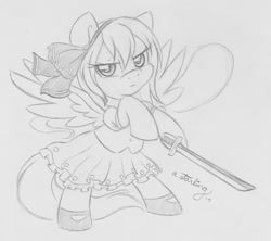 Size: 1199x1063 | Tagged: safe, artist:abbystarling, pegasus, pony, bipedal, clothes, konpaku youmu, mary janes, monochrome, ponified, shoes, sketch, skirt, solo, sword, touhou, traditional art, wakizashi, weapon