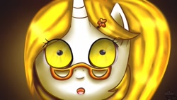 Size: 1024x576 | Tagged: safe, artist:blinkingpink, oc, oc only, oc:helia, alicorn, pony, unicorn, fanfic:past sins, fanfic:primordial crimes (project helia), bust, eye reflection, fanfic, fanfic art, glasses, hairclip, open mouth, portrait, primordial crimes (project helia), reflection, solo