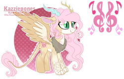 Size: 1024x652 | Tagged: safe, artist:kazziepones, oc, oc only, draconequus, hybrid, cutie mark background, draconequus oc, female, interspecies offspring, music notes, offspring, parent:discord, parent:fluttershy, parents:discoshy, reference sheet, simple background, solo, transparent background