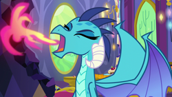 Size: 1280x720 | Tagged: safe, screencap, princess ember, dragon, triple threat, burp, dragoness, eyes closed, female, fire, fire breath, open mouth, pink fire, solo, uncouth