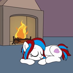 Size: 768x768 | Tagged: safe, artist:linedraweer, oc, oc only, oc:rose night, pony, female, fire, fireplace, heat, sleeping, solo