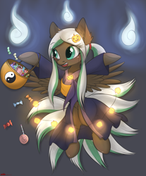 Size: 2500x3021 | Tagged: safe, artist:orang111, oc, oc only, oc:lynn, pegasus, pony, candy, clothes, costume, female, food, halloween, holiday, kimono (clothing), kitsune, mare, nine tailed fox, pumpkin bucket, solo, yin-yang