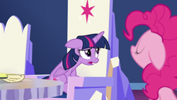 Size: 1280x720 | Tagged: safe, screencap, pinkie pie, twilight sparkle, twilight sparkle (alicorn), alicorn, pony, not asking for trouble, sitting, twilight's castle