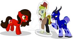 Size: 1024x554 | Tagged: safe, artist:mlp-trailgrazer, oc, oc only, oc:novella, oc:segasister, oc:trail grazer, oc:voice of reason, gazelle, pony, unicorn, cardboard cutout, clothes, doctor who, eleventh doctor, female, male, mare, mouth hold, simple background, sonic screwdriver, stallion, watermark