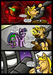 Size: 827x1169 | Tagged: safe, artist:darklamprey, spike, twilight sparkle, twilight sparkle (alicorn), alicorn, dragon, pony, unicorn, comic:equestria's war of the worlds, comic, crossover, female, male, mare, mars, observatory, planet, stallion, telescope, the war of the worlds, this will end in tears and/or death