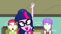 Size: 1280x720 | Tagged: safe, screencap, rose heart, sci-twi, starlight, twilight sparkle, eqg summertime shorts, equestria girls, subs rock, bowtie, excited, glasses, hand