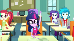 Size: 1280x720 | Tagged: safe, screencap, captain planet, heath burns, indigo wreath, rarity, rose heart, sci-twi, scott green, starlight, thunderbass, twilight sparkle, eqg summertime shorts, equestria girls, subs rock, background human, bowtie, desk, female, glasses, hand, male, ponytail