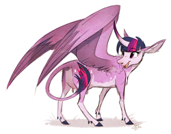 Size: 1000x783 | Tagged: safe, artist:probablyfakeblonde, twilight sparkle, twilight sparkle (alicorn), alicorn, cow, alicow, cloven hooves, cowified, curved horn, female, horn, leonine tail, purple eyes, purple hair, solo, species swap, twilight sparcow, udder, wings