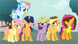 Size: 2496x1408 | Tagged: safe, artist:twinklestar2006, oc, oc only, oc:cheesie cake, oc:cider apple, oc:shy flower, oc:sparkle radiance, oc:sparkling diamond, oc:stormy dash, dracony, hybrid, interspecies offspring, offspring, parent:applejack, parent:big macintosh, parent:caramel, parent:cheese sandwich, parent:flash sentry, parent:fluttershy, parent:pinkie pie, parent:rainbow dash, parent:rarity, parent:soarin', parent:spike, parent:twilight sparkle, parents:carajack, parents:cheesepie, parents:flashlight, parents:fluttermac, parents:soarindash, parents:sparity