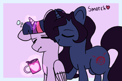 Size: 1500x1000 | Tagged: safe, artist:fashleylasagna, twilight sparkle, twilight sparkle (alicorn), alicorn, pony, coffee, coffee mug, crossover, crossover shipping, fullmetal alchemist, homunculus, lust, lustlight, mug, shipping, smooch, tired