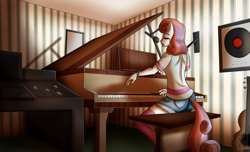 Size: 2800x1700 | Tagged: safe, artist:elmutanto, sweetie belle, anthro, unicorn, adult, bracelet, clothes, female, guitar, jewelry, music, piano, record, recording, singing, solo