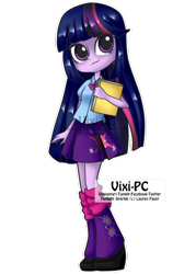 Size: 756x1056 | Tagged: safe, artist:vixi-pc, twilight sparkle, equestria girls, book, clothes, cute, female, leg warmers, shoes, skirt, solo, watermark