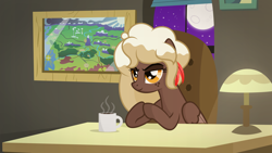 Size: 7000x3938 | Tagged: safe, artist:besttubahorse, oc, oc only, oc:sweet mocha, pegasus, pony, absurd resolution, chair, coffee, coffee mug, desk, female, freckles, lamp, leaning, map of equestria, moon, mug, sitting, solo, vector, window