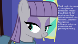 Size: 800x450 | Tagged: safe, edit, edited screencap, screencap, maud pie, maud pie (episode), implied princess luna, smiling, text, that pony sure does love rocks, train, when she smiles