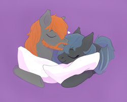 Size: 2500x2000 | Tagged: safe, artist:felie-yeo, oc, oc only, oc:angel tears, oc:brick kindler, bat pony, pony, angelkindler, kissing, pillow, sleeping, ych result