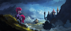Size: 2025x900 | Tagged: dead source, safe, artist:shamanguli, tempest shadow, pony, unicorn, my little pony: the movie, airship, armor, broken horn, canterlot, female, looking back, mare, scenery, solo