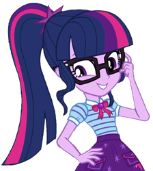 Size: 919x1027 | Tagged: safe, artist:thebar, edit, edited screencap, screencap, sci-twi, twilight sparkle, better together, equestria girls, star crossed, background removed, bowtie, cute, female, geode of telekinesis, glasses, hand on hip, jewelry, not a vector, pendant, ponytail, simple background, smiling, solo, transparent background, twiabetes