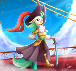 Size: 1871x1742 | Tagged: safe, artist:the-butch-x, captain celaeno, anthro, my little pony: the movie, clothes, cloud, ear piercing, earring, female, hat, jewelry, looking at you, piercing, pirate, pirate hat, pirate ship, sky, solo, sword, weapon