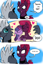 Size: 800x1214 | Tagged: safe, artist:emositecc, fizzlepop berrytwist, grubber, tempest shadow, twilight sparkle, alicorn, pony, unicorn, my little pony: the movie, ..., blushing, broken horn, comedy, comic, cute, dialogue, drawing, eye scar, eyes closed, female, floppy ears, frown, glare, grubber the shipper, heart, holding hooves, kissing, lesbian, mare, missing the point, misunderstanding, open mouth, pun, scar, shipper on deck, shipping, speech bubble, stars, tempestlight, visual pun, wide eyes
