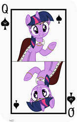 Size: 3809x6062 | Tagged: safe, artist:ironm17, part of a set, twilight sparkle, unicorn twilight, pony, unicorn, cape, card, clothes, female, grin, jewelry, mare, playing card, queen of spades, smiling, solo, vector