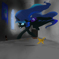 Size: 3000x3000 | Tagged: safe, artist:ruanshi, nightmare moon, alicorn, pony, banana peel, castle, female, majestic as fuck, mare, missing accessory, solo, trap (device)