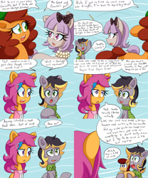 Size: 2000x2400 | Tagged: safe, artist:jake heritagu, scootaloo, oc, oc:aero, oc:gazette, oc:lightning blitz, oc:lovely rain, pegasus, pony, comic:ask motherly scootaloo, baby, baby pony, bow, clothes, colt, comic, dialogue, hairpin, hat, jewelry, male, motherly scootaloo, necklace, offspring, older, older scootaloo, parent:derpy hooves, parent:oc:warden, parent:rain catcher, parent:scootaloo, parents:canon x oc, parents:catcherloo, parents:warderp, pearl necklace, pencil, scarf, speech bubble, sweatshirt