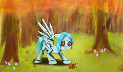 Size: 2000x1174 | Tagged: safe, artist:chopsticks, oc, oc only, oc:ap63, butterfly, pony, robot, robot pony, android, autumn, broken, commission, female, forest, grass, leaves, mare, sad, solo