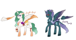 Size: 1025x548 | Tagged: safe, artist:crystalartmlp, oc, oc only, oc:bright horizon, oc:dreaming scourge, changepony, hybrid, pony, contest entry, duo, female, male, mare, next generation, offspring, parent:pharynx, parent:princess celestia, parent:princess luna, parent:thorax, parents:lunarynx, parents:thoralestia, simple background, stallion, transparent background