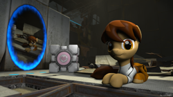 Size: 1024x576 | Tagged: safe, artist:lilkdoggie, artist:tryaka628, pony, 3d, chell, downloadable, ponified, portal, portal (valve), solo, source filmmaker