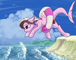 Size: 3812x3012 | Tagged: safe, artist:kovoranu, oc, oc only, oc:ashee, original species, shark, shark pony, beach, jumping, solo