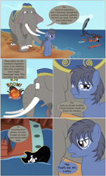 Size: 2000x3301 | Tagged: safe, artist:mlp-silver-quill, oc, oc only, oc:clutterstep, oc:imani, elephant, comic:imani, beach, explosion, hat, mr. lucky, ocean, pirate hat, sad, surprised, water