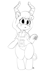 Size: 3272x5000 | Tagged: safe, artist:pabbley, earth pony, pony, 30 minute art challenge, bipedal, clothes, cute, ear fluff, female, frog (hoof), grayscale, hoofbutt, lineart, mare, monochrome, my hero academia, ponified, pony tsunotori, quirked pony, solo, u.a. gym uniform, underhoof