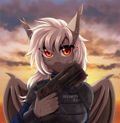 Size: 1200x1232 | Tagged: safe, artist:margony, oc, oc only, oc:dusty fang, anthro, bat pony, fallout equestria, anthro oc, bat pony oc, clothes, commission, fangs, female, gun, looking at you, mare, no trigger discipline, solo, weapon