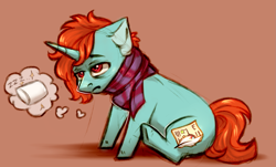 Size: 1841x1109 | Tagged: safe, artist:segraece, oc, oc only, unicorn, clothes, commission, frown, lidded eyes, pillow, scarf, simple background, sitting, sleepy, solo, thought bubble, tired