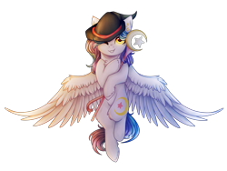 Size: 2007x1507 | Tagged: safe, artist:cloud-drawings, oc, oc only, oc:shylu, pegasus, pony, art trade, female, hat, looking at you, mare, one eye closed, simple background, smiling, solo, spread wings, staff, transparent background, wings, wink, witch hat