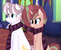 Size: 917x748 | Tagged: safe, artist:spectrumnightyt, oc, oc only, pony, unicorn, base used, blushing, clothes, female, male, mare, scarf, shared clothing, shared scarf, sitting, stallion, twilight's castle