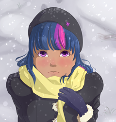 Size: 2480x2598 | Tagged: safe, artist:chiweee, twilight sparkle, human, clothes, cute, dark skin, female, gloves, humanized, scarf, snow, snowfall, solo, twiabetes