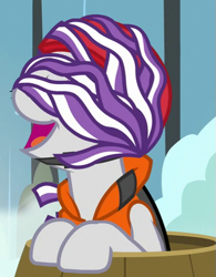 Size: 423x543 | Tagged: safe, screencap, twilight velvet, pony, once upon a zeppelin, barrel, cropped, cute, helmet, lifejacket, majestic as fuck, neighagra falls, silly, silly pony, solo, velvetbetes, wet mane