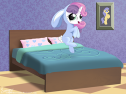 Size: 2000x1500 | Tagged: safe, artist:songbirdserenade, sweetie belle, pony, animal costume, bed, bunny belle, bunny costume, clothes, costume, cute, diasweetes, female, filly, jumping on the bed, solo