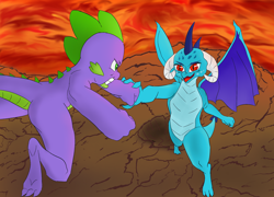 Size: 2330x1674 | Tagged: artist needed, safe, princess ember, spike, dragon, cave, colored, lava, sparring