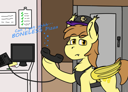 Size: 2000x1450 | Tagged: safe, artist:koonzypony, oc, oc only, oc:stuffed crust, bat pony, pony, annoyed, apron, boneless pizza, clothes, computer, food, hat, meme, phone, pineapple, pineapple pizza, pizza, restaurant