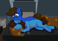 Size: 2637x1847 | Tagged: safe, artist:marsminer, oc, oc only, oc:daudaen, earth pony, pony, bed, blank flank, eyes closed, gay, male, prone, shipping, sleeping, unshorn fetlocks, zzz